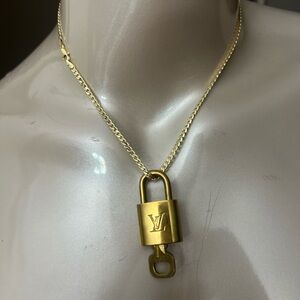 Louis Vuitton Gold-Tone Padlock Pendant #309 Necklace 18” chain FREE GOLD HOOPS